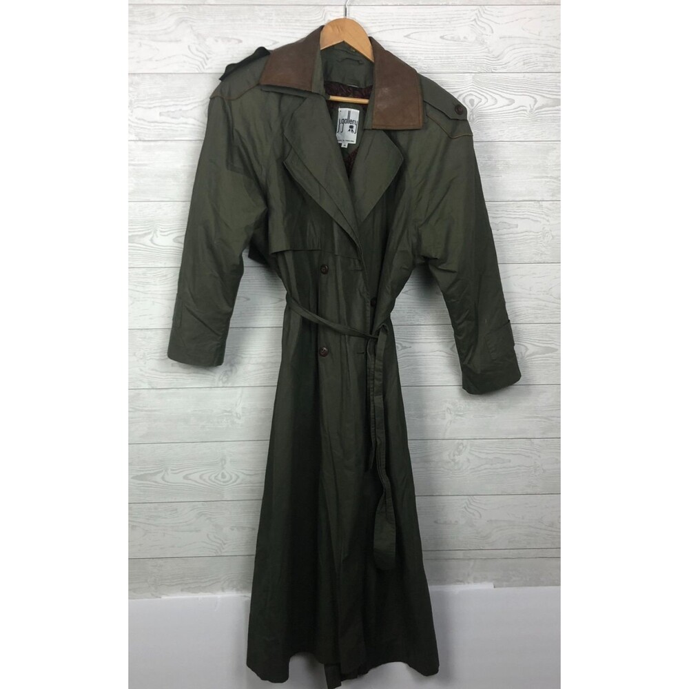 J Gallery Women's Size 10 Olive Green Trench Coat Vented Faux Leather Collar